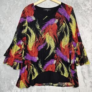Calessa Blouse Womens 2X Black Multicolor Ruffle Bell Sleeve High Low Tunic Top